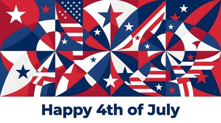 Fototapeta premium Happy 4th of july celebration banner with red white and blue stars and geometric shapes design for american independence day holiday greeting card