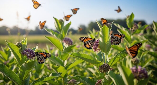 Monarch butterflies flutter among vibrant green plants in a sunny meadow.