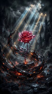 Glowing red crystal rose blooming in a dark fantasy landscape under dramatic sunbeams