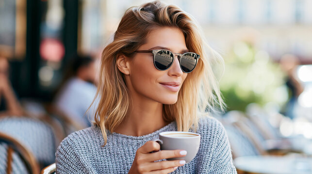 Fashionable woman in sunglasses enjoying coffee at chic Parisian cafe during sunny day, European cafe lifestyle concept, outdoor portrait photography, blurred cafe background,