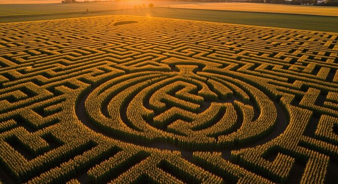 Golden sun illuminates a vast corn maze with intricate pathways and a central design.