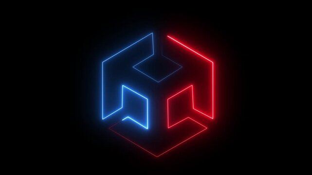 Unity icon animation by red and blue color black background. 3D modeling, isometric cube with axes. concept of cube neon Motion Graphic.