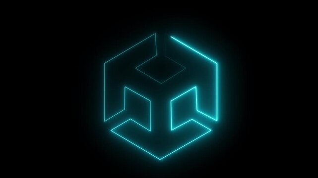 Unity icon animation by cyan color on black background. 3D modeling, isometric cube with axes. concept of cube neon Motion Graphic.