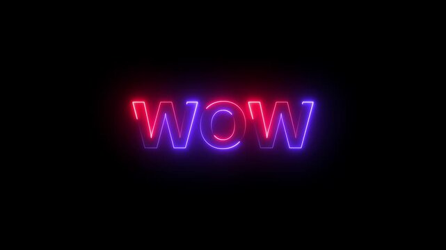Blue and Red color neon wow text icon animation on black background .isolated on black background. Seamless loop.4K Motion Graphic .