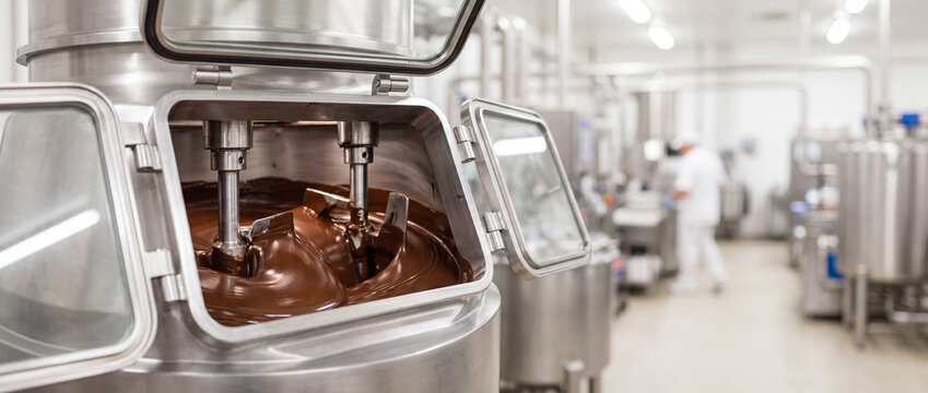 Industrial chocolate mixer in modern factory production line with confectionery machinery and worker