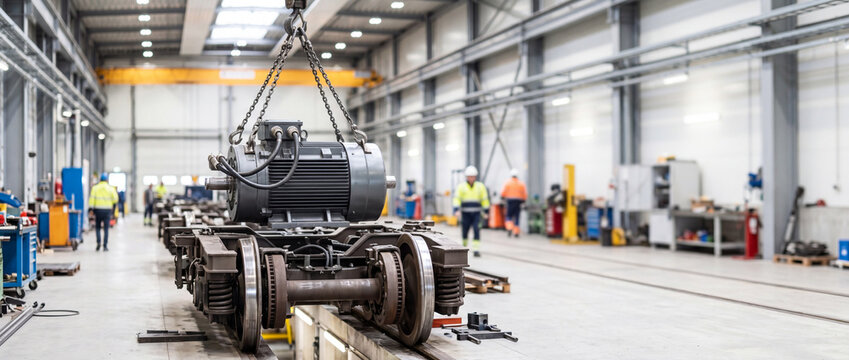 Industrial train workshop with electric motor lifted over bogie during locomotive maintenance and inspection