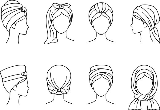Diverse head wrap styles illustrated with thin line art on a soft neutral background for beauty and fashion concepts