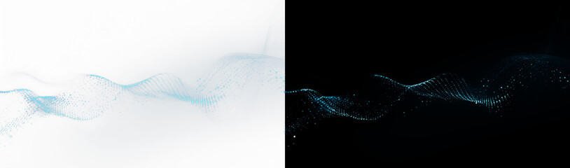 Abstract blue particle wave grid overlay, twin glowing digital plexus stream on black and white background wide banner. abstract minimalist dynamic tech network design element © Olena