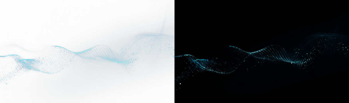 Abstract blue particle wave grid overlay, twin glowing digital plexus stream on black and white background wide banner. abstract minimalist dynamic tech network design element