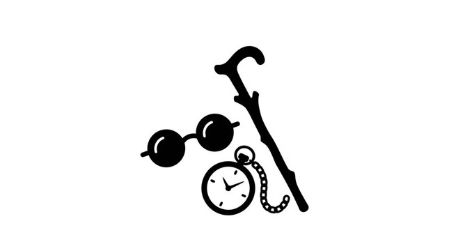 Vintage accessories illustration featuring a walking cane pocket watch and round spectacles.
