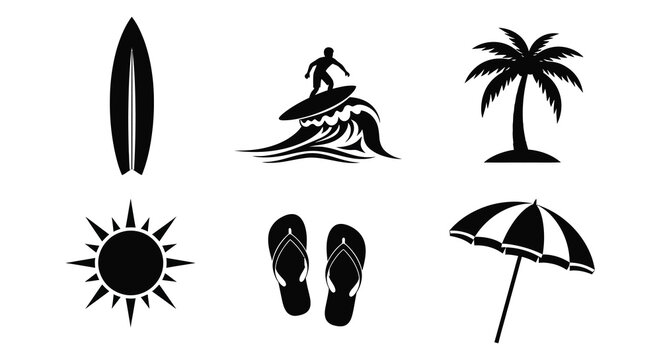 Beach Scene Elements In Black Silhouette surfboard