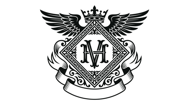 Ornate heraldic diamond crest with letter M crown wings.