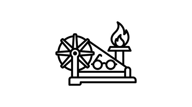A minimalist line art icon depicting a steam engine train with a spinning wheel and flame.