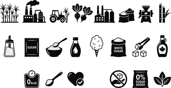 Sugar Production and Sweetener Icon Set with Sugarcane Harvest Processing Factory Cubes Packets Cotton Candy Syrup Diet and Sugar Free Warning Labels