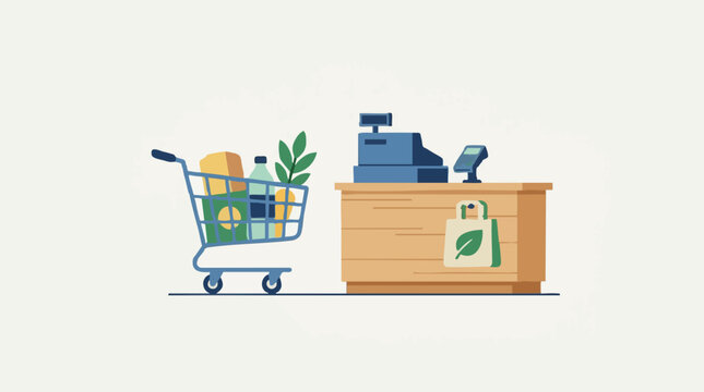 Minimalist illustration of grocery shopping with eco-bag at checkout