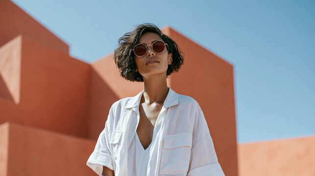 Relaxed woman enjoying sunny day beside modern terracotta architecture with open blue sky, architectural lifestyle concept, outdoor portrait photography, blurred building