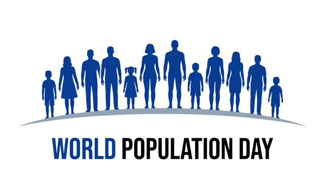 World Population Day vector illustration, diverse people silhouettes standing on globe horizon, global community and demographic awareness concept