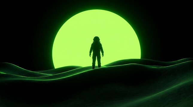 Neon green astronaut silhouette standing on a dark, undulating alien landscape, a vibrant glowing orb in the background. Futuristic space exploration concept, mysterious cosmic journey