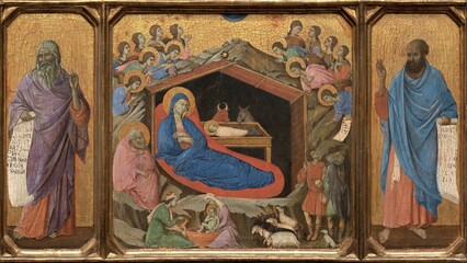 Obraz premium Ancient religious triptych painting depicting the nativity scene with biblical figures.