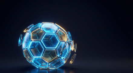 Naklejka premium Abstract Neon Glowing Soccer Ball in Dark Studio Copy Space