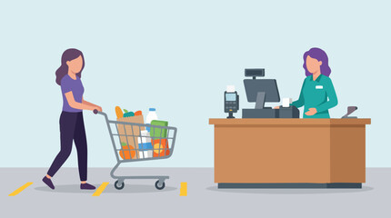 Woman with shopping cart approaching cashier at grocery store checkout © Shearpedge Design