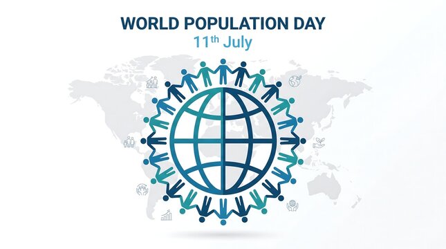 World Population Day 11th July banner, global community holding hands around earth globe, international human unity concept on world map background