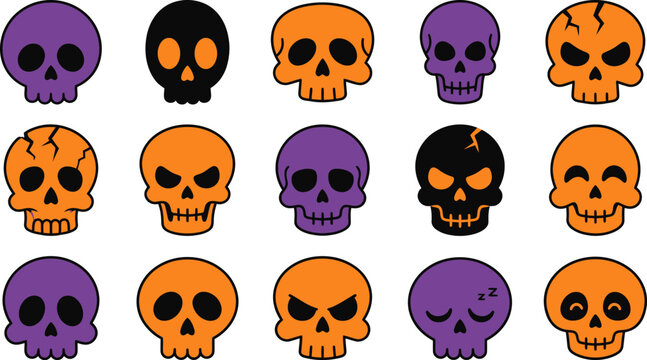 Halloween, vector, skull, collection, spooky, cartoon, faces, orange, purple, black, bones, cracked, skeleton, heads, scary, holiday, icons, cute, creepy, character, expressions, isolated, graphi
