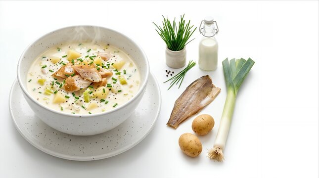 Authentic Scottish Cullen Skink Soup With Smoked Haddock Potatoes Onion Cream Parsley Butter and Fresh Ingredients Served in White Bowl on White Background Featuring Large Copy Space 