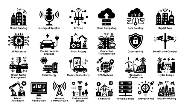 Premium smart city and technology integration vector icons featuring smart buildings speakers AI IoT cloud and connected urban systems isolated on white background
