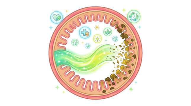 Medical illustration of gut health and intestinal cleansing with probiotics removing waste from the colon wall for digestive wellness