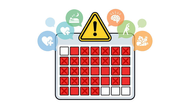 Monthly calendar with warning sign and health icons representing inconsistent wellness habits and lifestyle goals on a white background