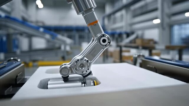 Robotic arm inserting cylindrical gripper into recessed foam tray on automated factory line for precise packaging assembly, with robotic, arm, gripper, automation detail