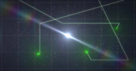 Fototapeta premium Bright white core emitting prism streak, green nodes entering from top, forming angled cage marking
