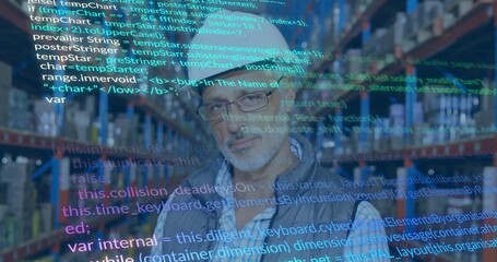 Warehouse manager scanning code overlay appearing and analyzing inventory data while monitoring ops © vectorfusionart
