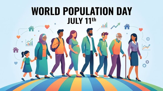 World Population Day July 11th banner, diverse group of people walking together, global community and demographic growth concept illustration