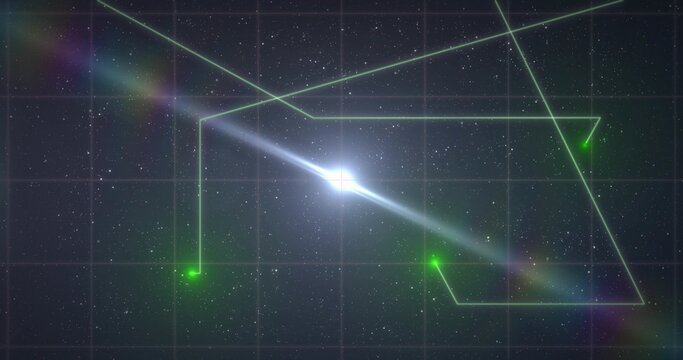 Bright white core emitting prism streak, green nodes entering from top, forming angled cage marking