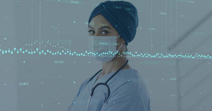 Doctor turning head as medical overlay appearing, showing mask and blue waveform to show care