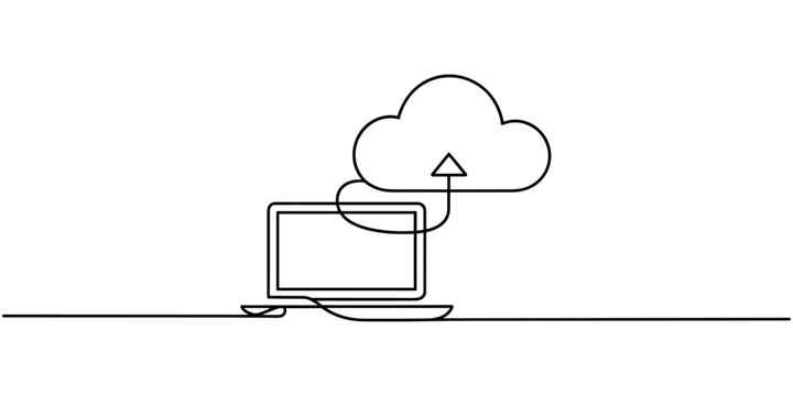 Continuous Line Drawing of Laptop Cloud Upload Illustration
