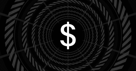 Fototapeta premium Frame4 pulse sending dollar sign contracting, snapping back while rings rotating, forming tunnel