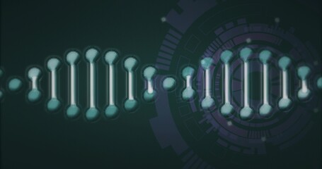 Entering top-right, DNA helix swinging across teal field, crossing circular HUD while pulsing data © vectorfusionart