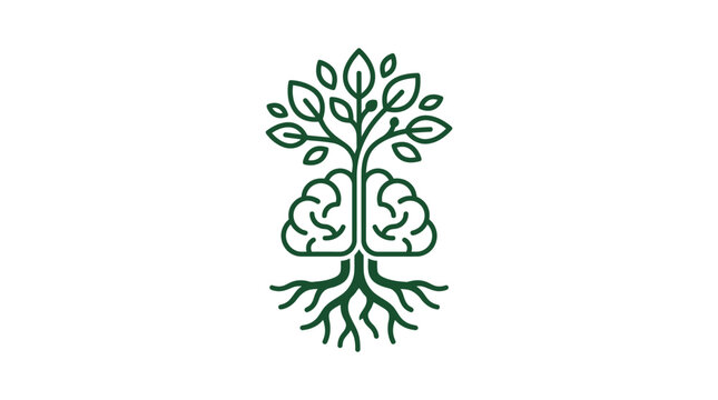A minimalist line art illustration of a brain integrated with a tree and roots.
