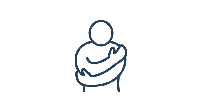 Minimalist line art icon of a person hugging themselves for self care.