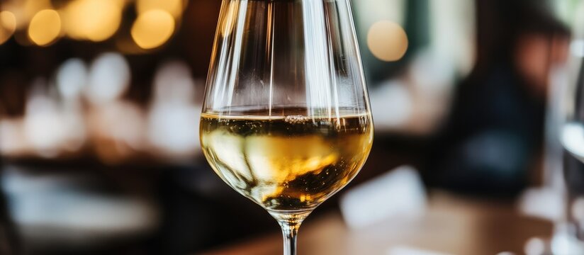 A glass of white wine sits on a blurred restaurant table indoors.