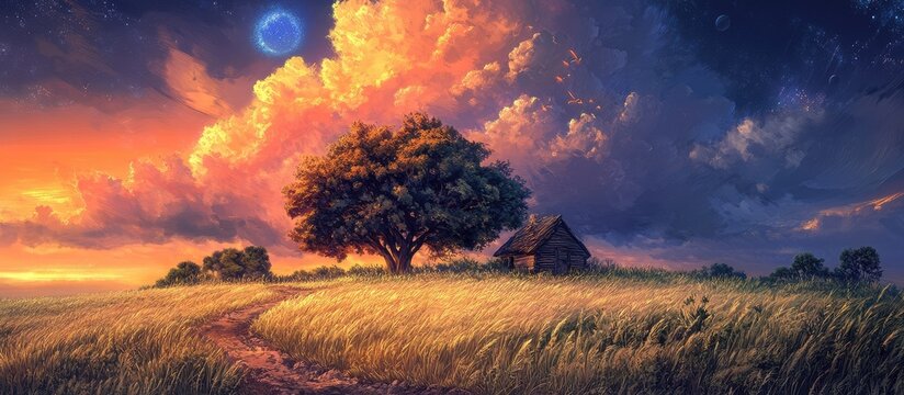 A serene landscape of a tree standing alone in a vast field under a vibrant sunset with a small house and a winding dirt path leading to it.