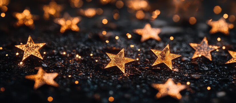 Golden stars shining brightly on a dark background with sparkling lights