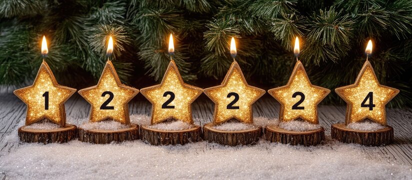 A serene Christmas scene with star-shaped candles on wooden slices arranged on a snowy surface under a pine tree.