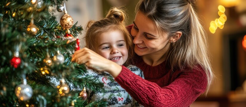 Woman and girl decorating Christmas tree with ornaments at home