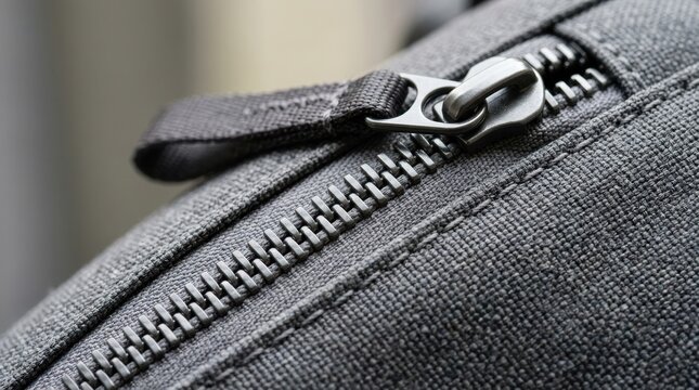 Close-up of stitched fabric featuring a pocket secured by a metal zipper, showcasing intricate textile weaving patterns