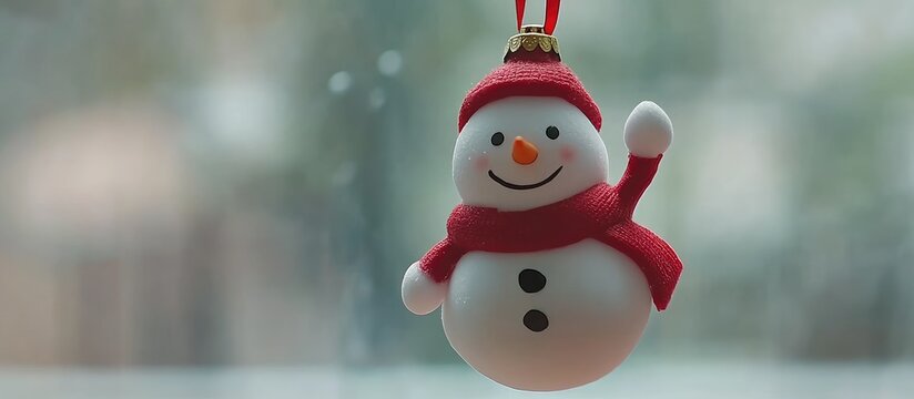 A cheerful snowman ornament hangs by a window on a snowy day outside.