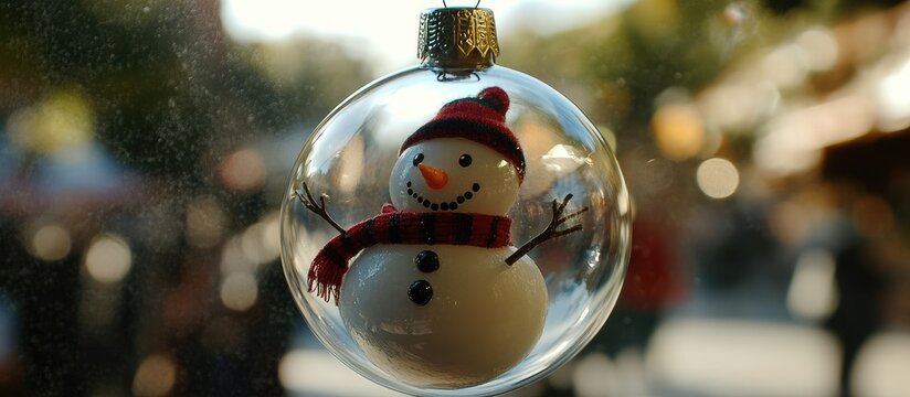 A festive snowman ornament hangs from a tree branch outdoors on a sunny day.